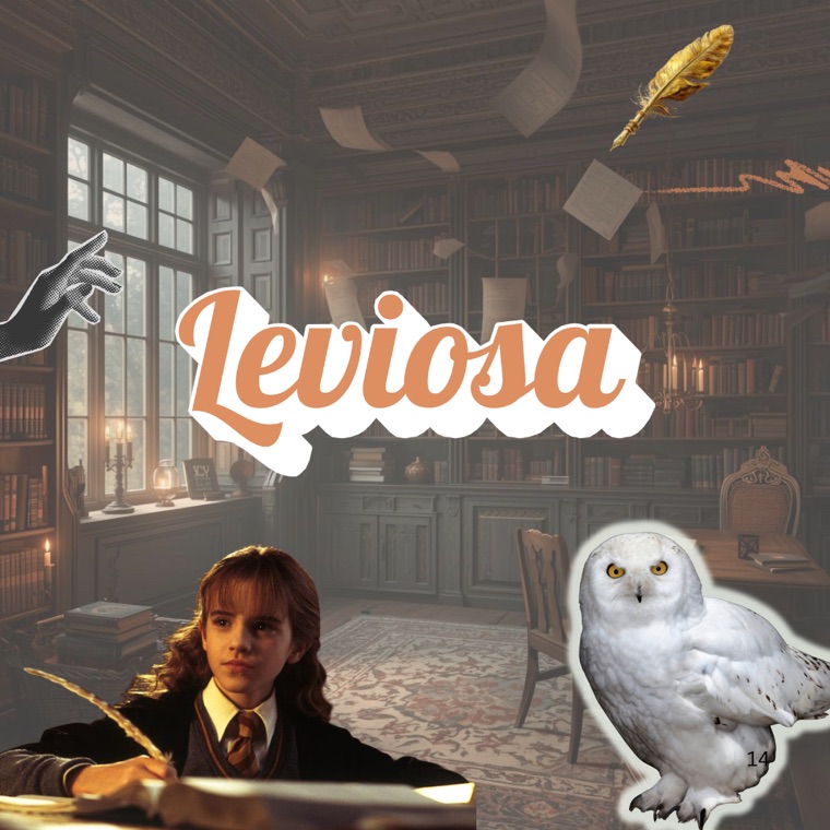 Leviosa logo — collage of a dark-academia library with Hermione, a snowy owl and a floating quill