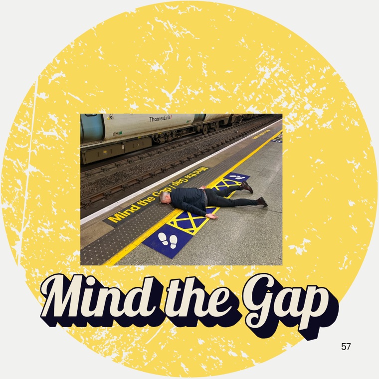 Mind the Gap logo — collage of a London Underground platform on a yellow circle