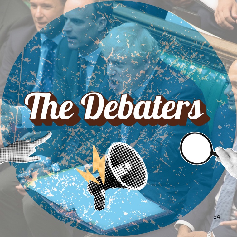 The Debaters logo — collage of the UK Parliament on a blue circle with a megaphone and magnifying glass