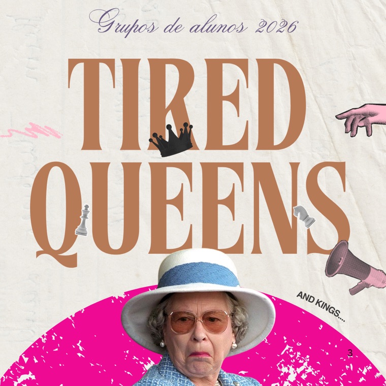 Tired Queens logo — collage of Queen Elizabeth on a hot-pink circle with chess pieces and a megaphone