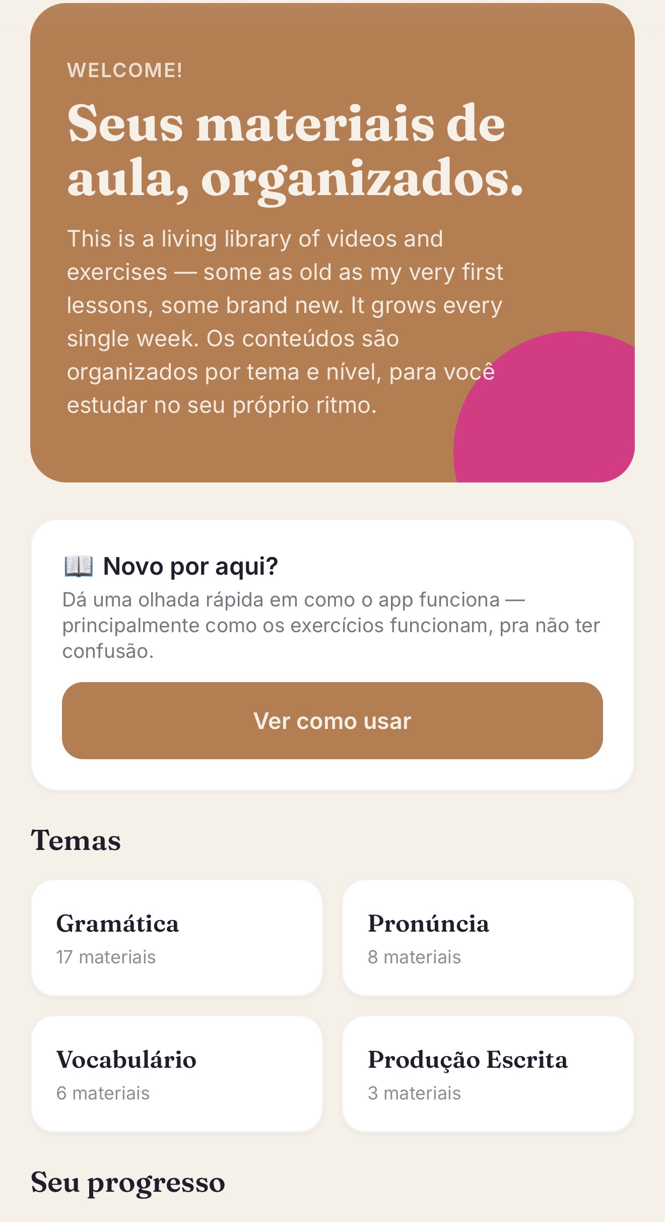 StudiMax welcome screen, listing content by theme